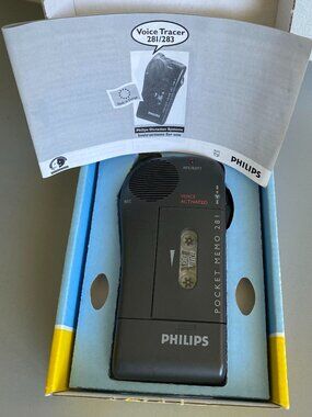 VTG Philips Pocket Memo 281 Voice Tracer Cassette Recorder Box & Manual Works